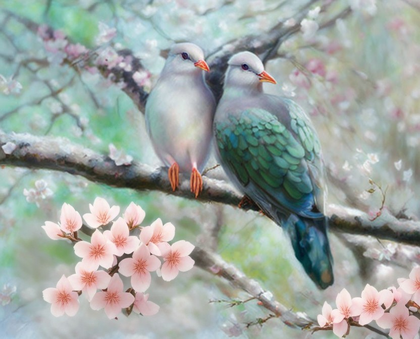 Stylized birds on branch with pink blossoms in soft-focus setting