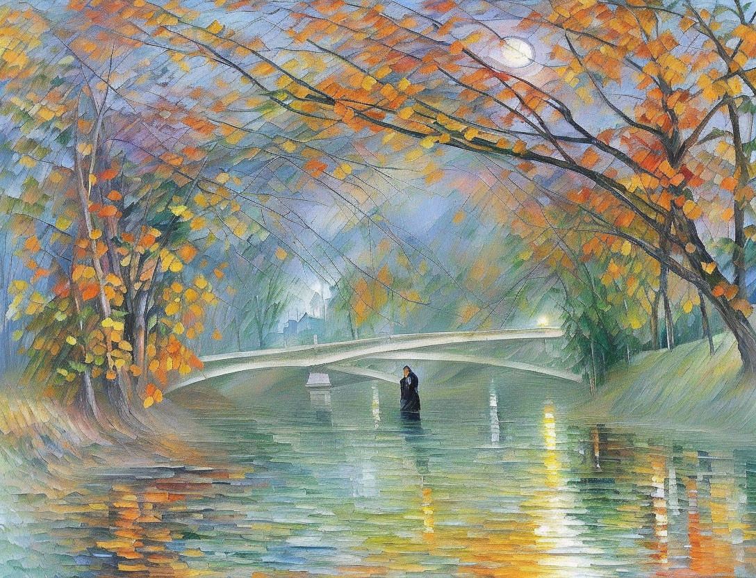 Serene river scene with autumnal trees and bridge reflections