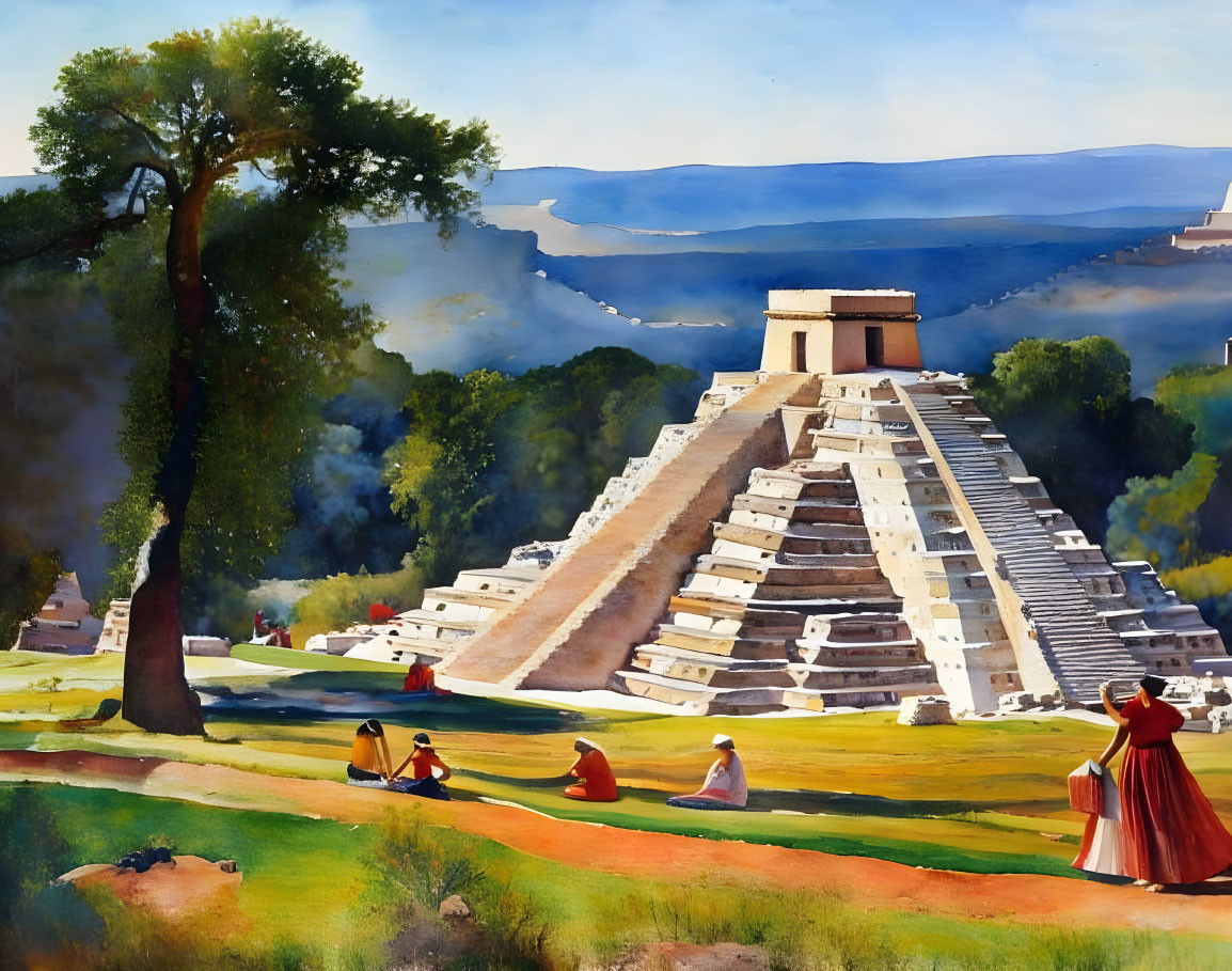 Colorful traditional attire near Mesoamerican pyramid in lush setting