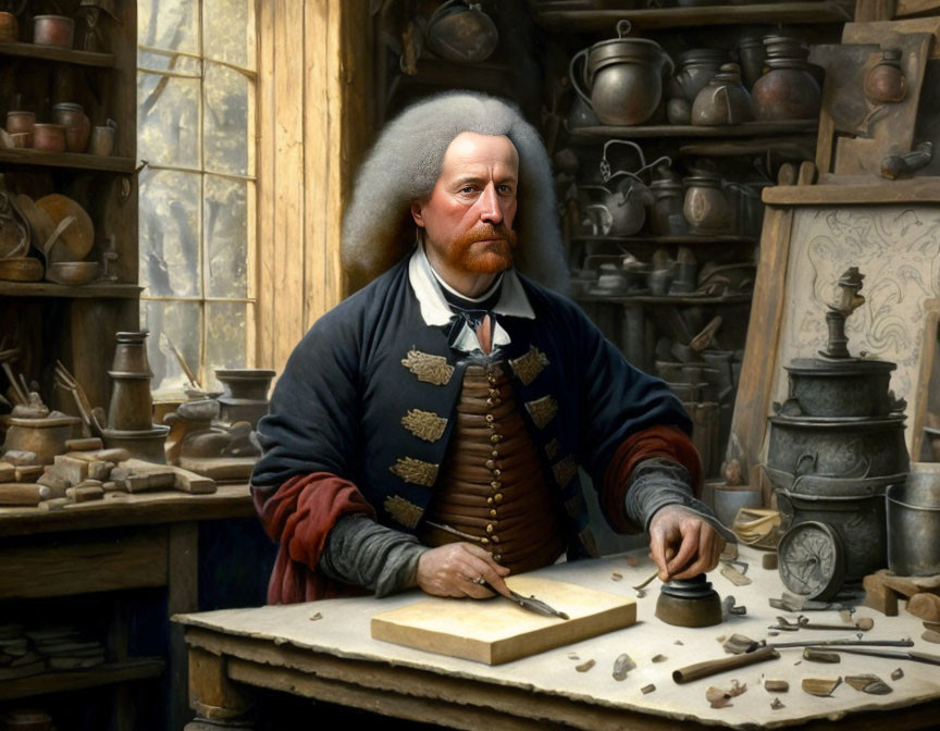 Historical Attire Man at Workshop Bench with Tools and Pottery