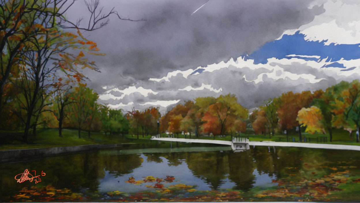 Scenic autumn landscape with pond, fall trees, path, cloudy sky