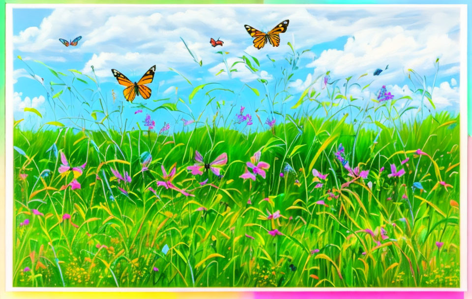 Vibrant sunny meadow with wildflowers and butterflies