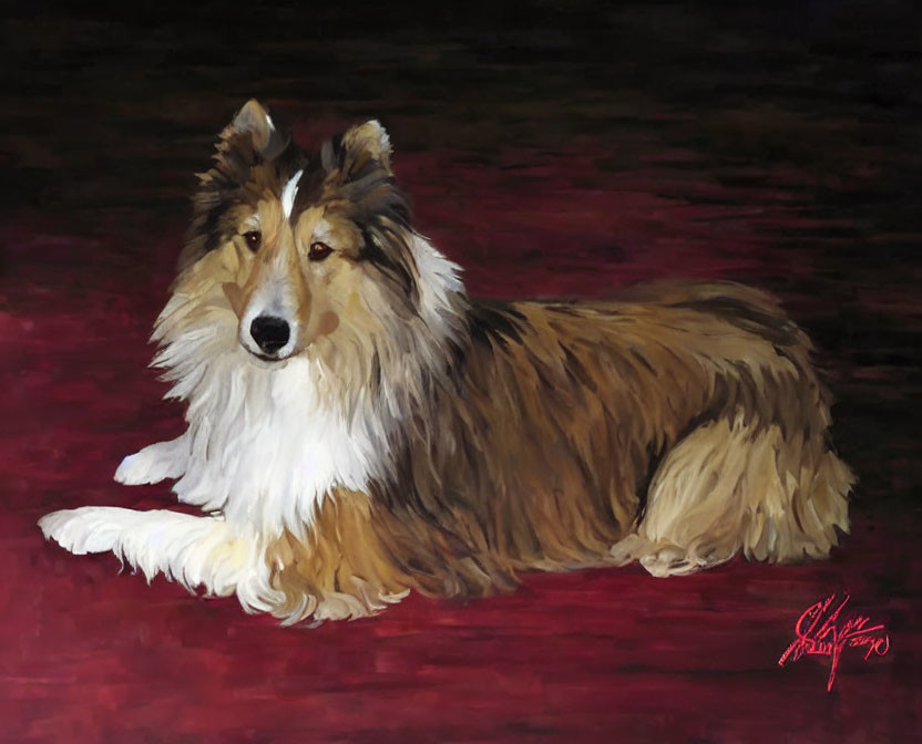 Rough Collie Dog Painting on Dark Red Background