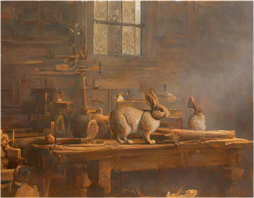 Artwork: Two rabbits in woodwork workshop with tools and natural light