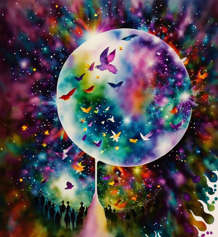 Colorful Cosmic Painting with White Sphere and Silhouetted Figures