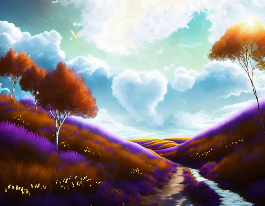 Colorful Landscape with Orange Trees, Purple Field, Path, and Kite