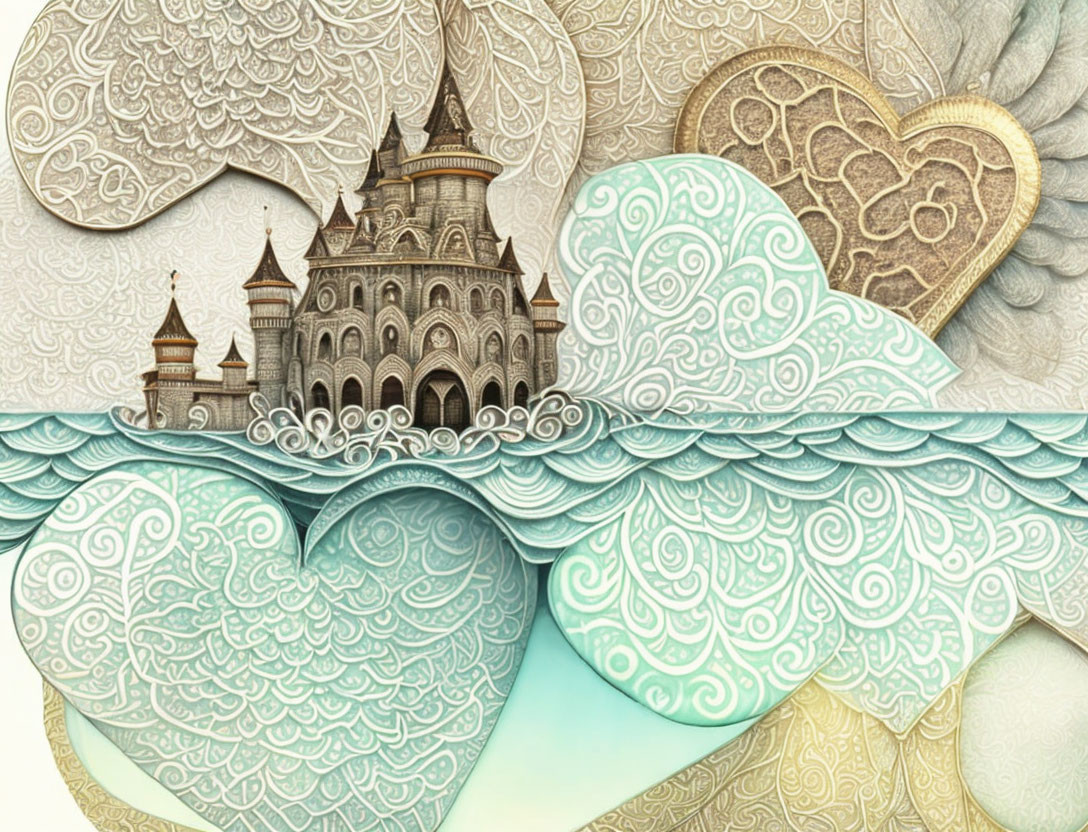 Detailed Artwork: Whimsical Castles, Textured Hearts, Waves in Pastel Palette