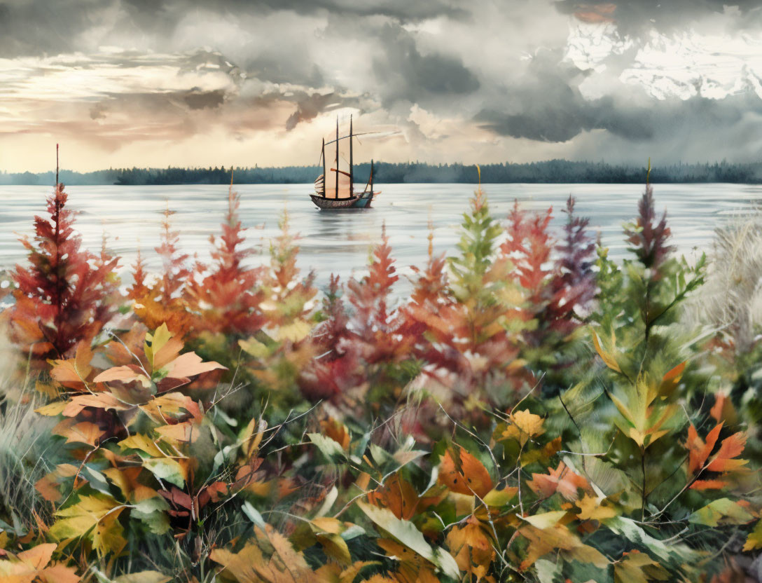 Vintage sailboat on tranquil lake with autumn foliage & cloud-streaked sky