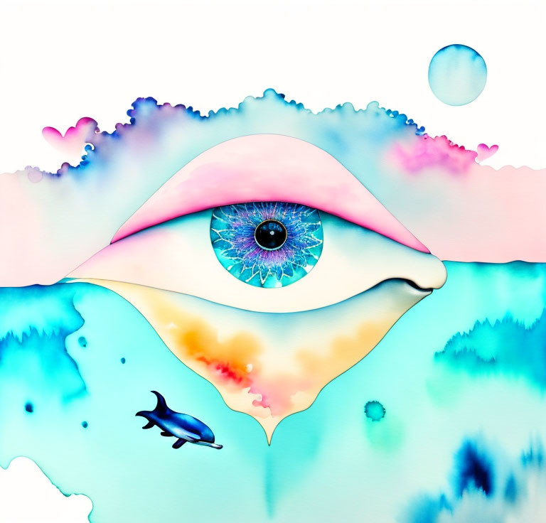 Colorful Eye Artwork with Dolphin Silhouette and Watercolor Waves