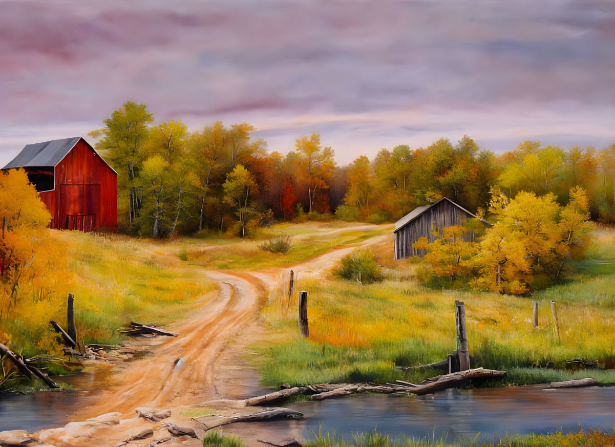 Tranquil autumn landscape with dirt road, barn, shed, trees, stream, and dramatic sky