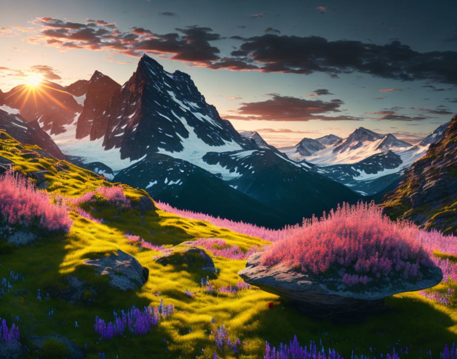 Vibrant sunset over mountainous landscape with blooming wildflowers.