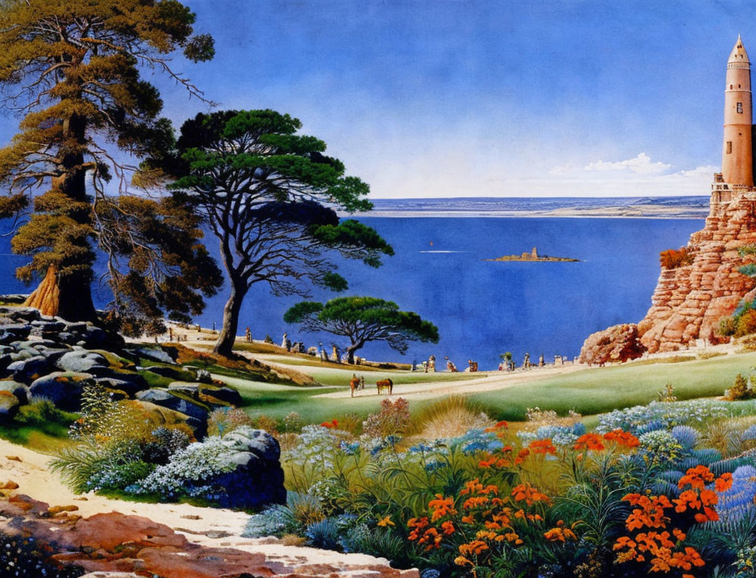 Coastal landscape with lighthouse, vibrant flora, and serene ocean view