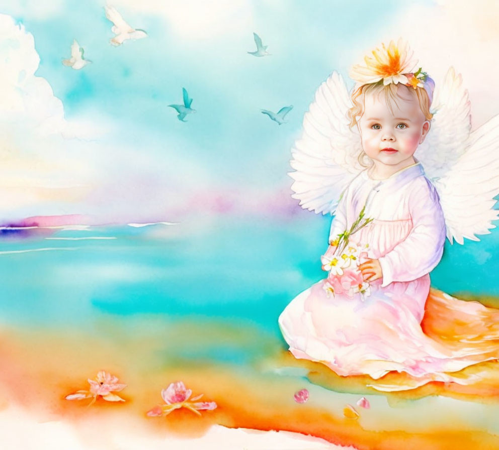 Illustration of baby with wings on cloud surrounded by birds and flowers