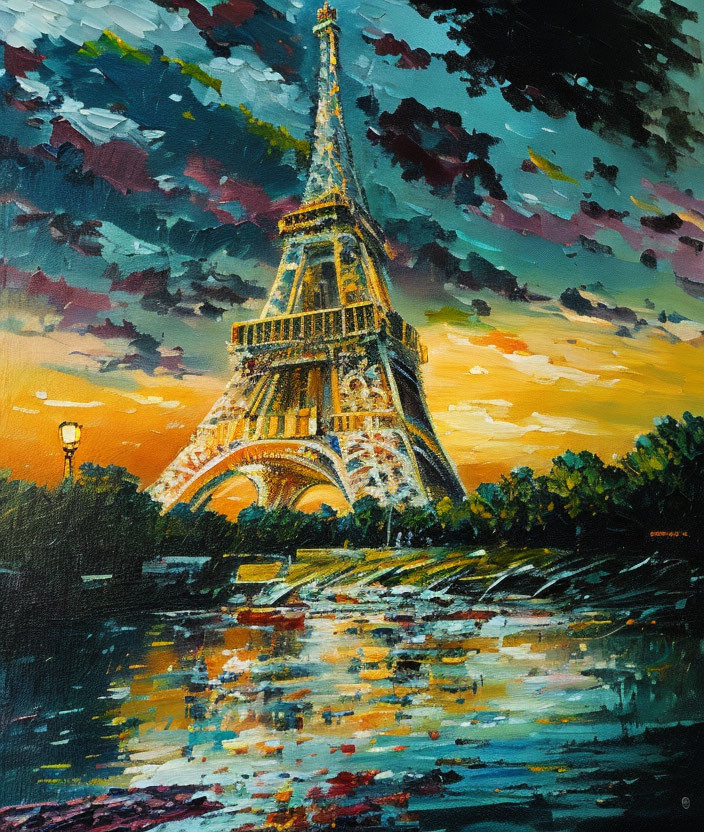 Vibrant Eiffel Tower painting at dusk with water reflections under a colorful sky