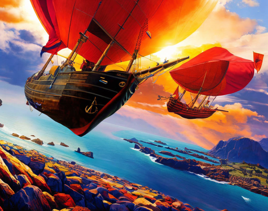 Fantasy artwork: Two ships with red sails in sky over rocky coastal landscape