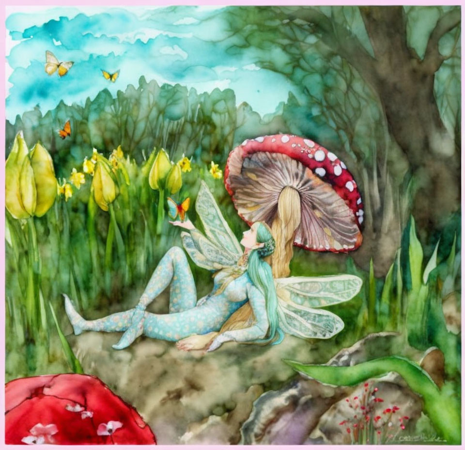 Whimsical Watercolor Fairy Among Tulips and Butterflies