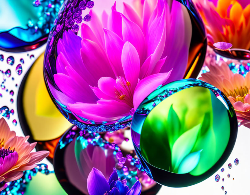 Detailed macro photos of water droplets magnifying vibrant pink flower and surrounding reflections.