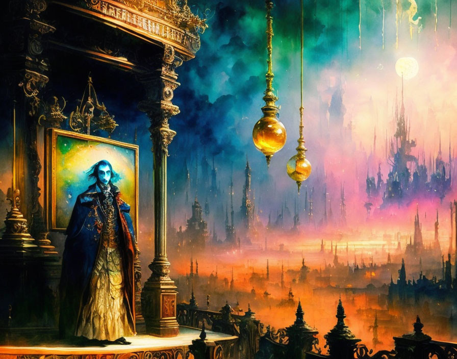 Regal figure in cloak painting with ornate architecture & cityscape background