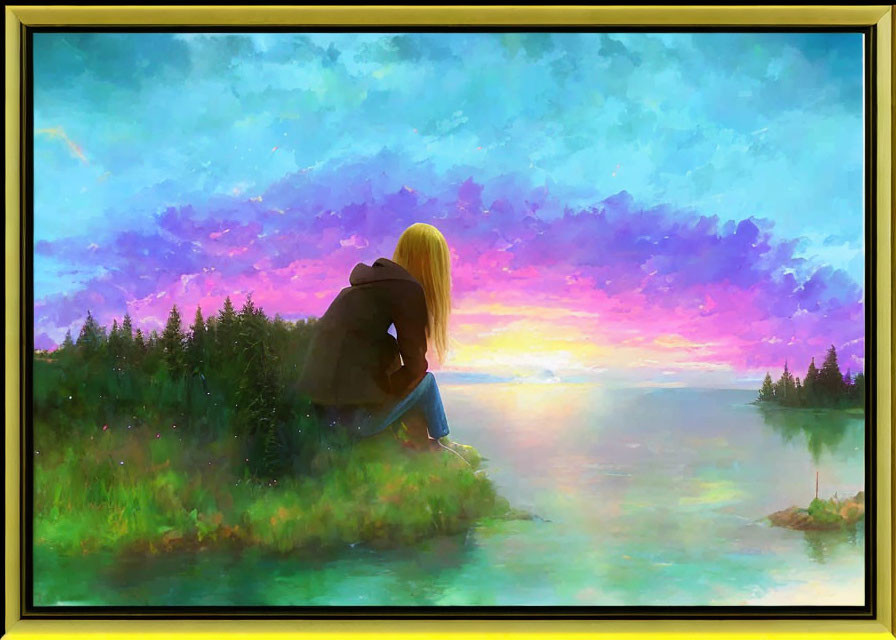 Blond person on grassy knoll with sunset lake view