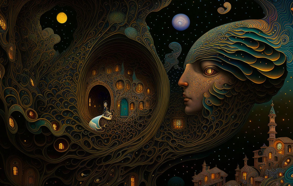 Surreal cosmic profile artwork with cityscape, starry sky, person, and cat.