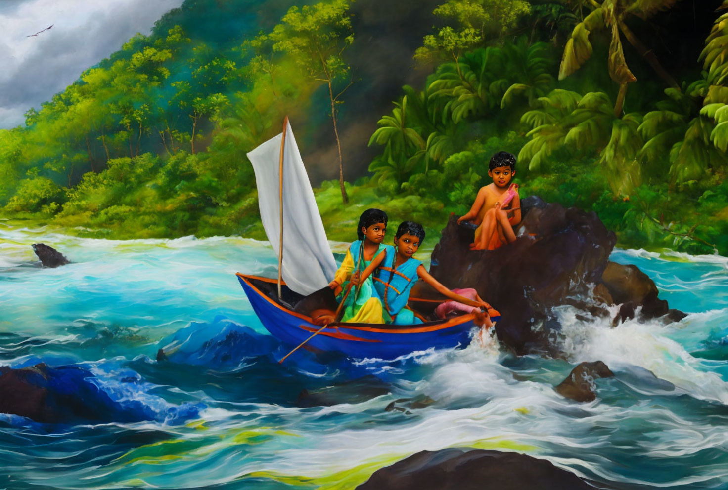 Three Children in Small Boat Navigating Choppy River Waters