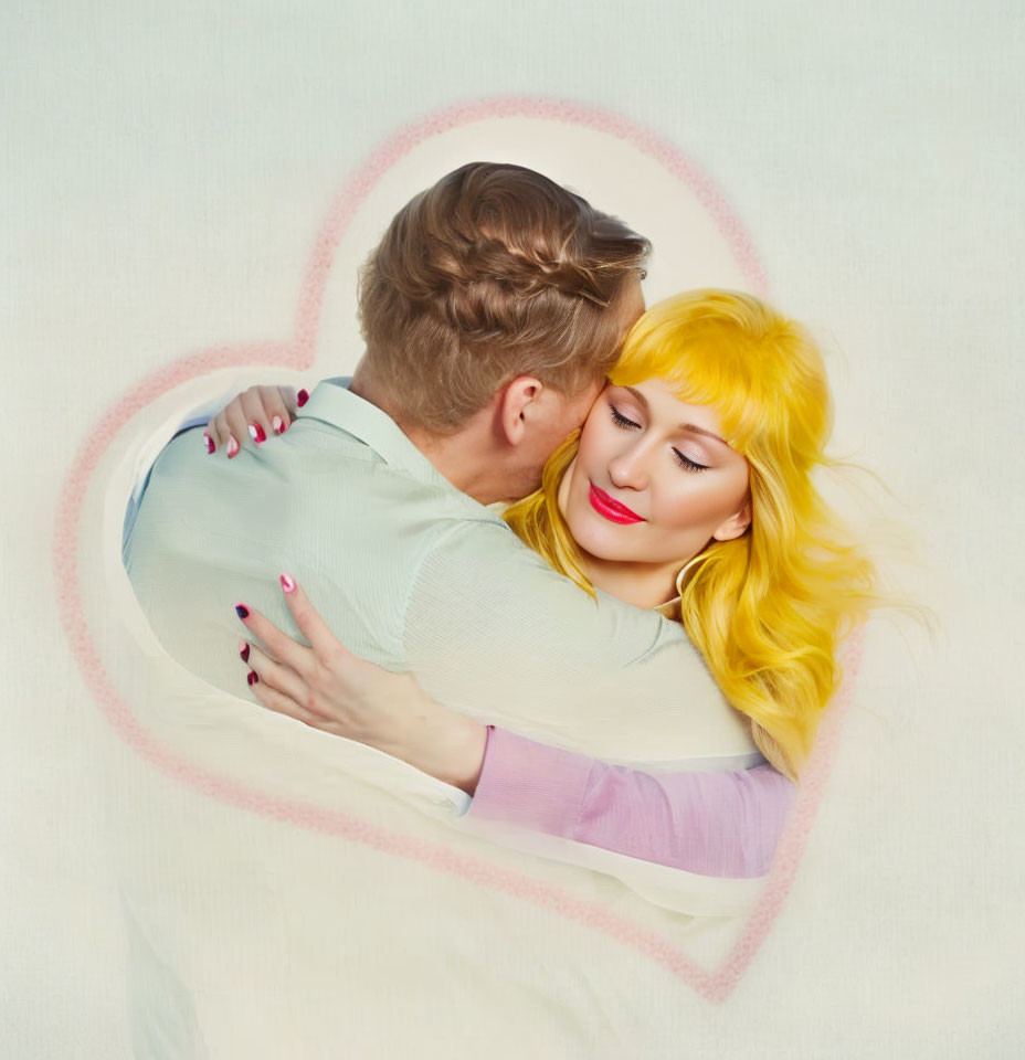 Couple Embracing with Heart Outline, Man Kissing Woman's Forehead