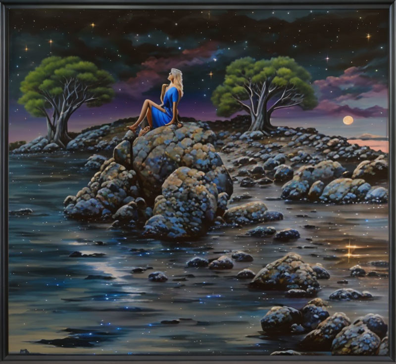 Person in Blue Dress Sitting by Water Under Night Sky and Sunset