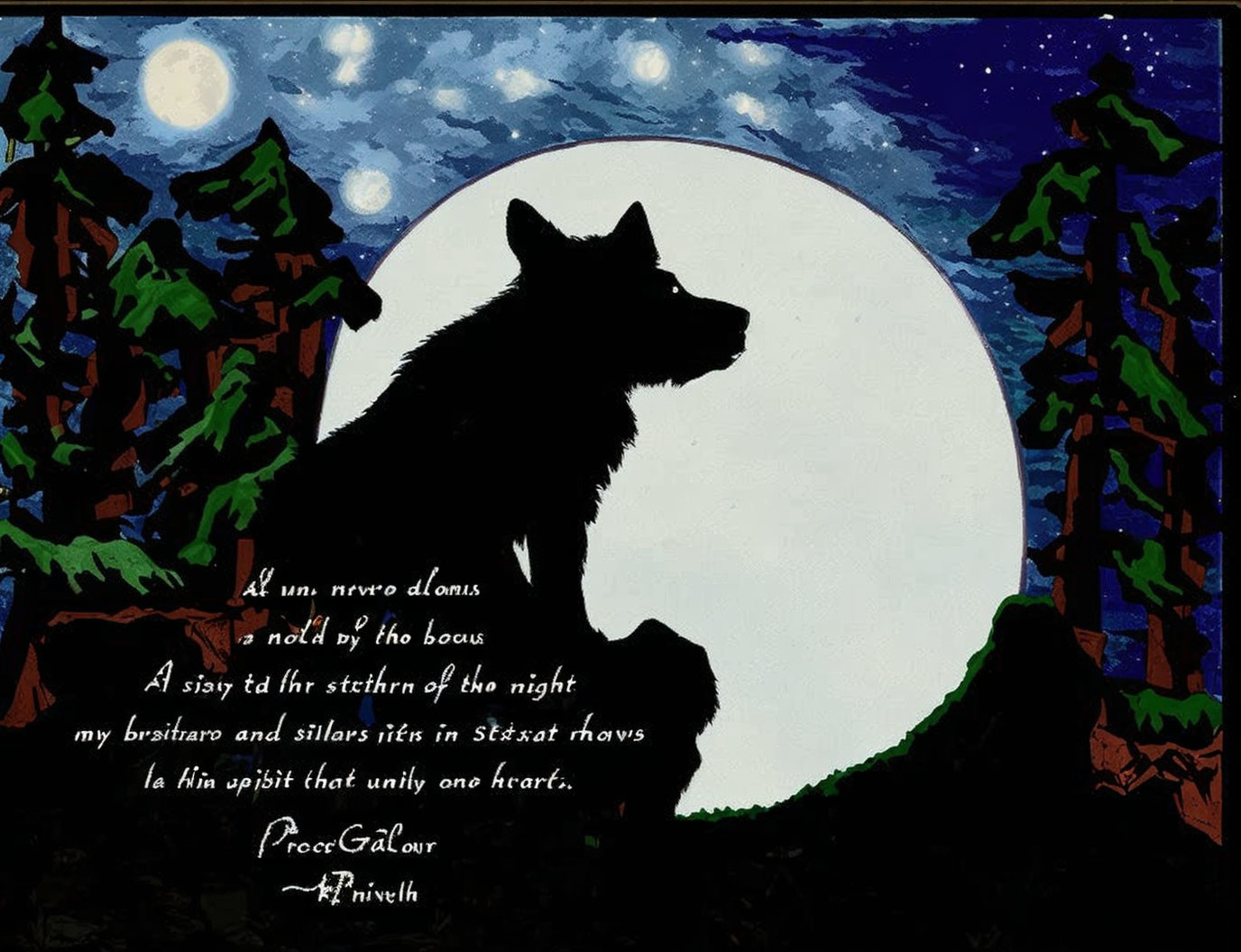 Wolf Howling Silhouette on Hill with Full Moon, Pine Trees, and Starry Sky