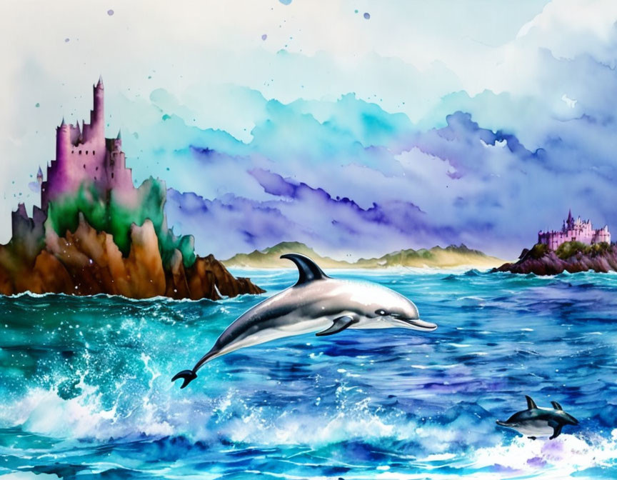 Digital Painting: Leaping Dolphin, Mystical Castle, Dramatic Sky