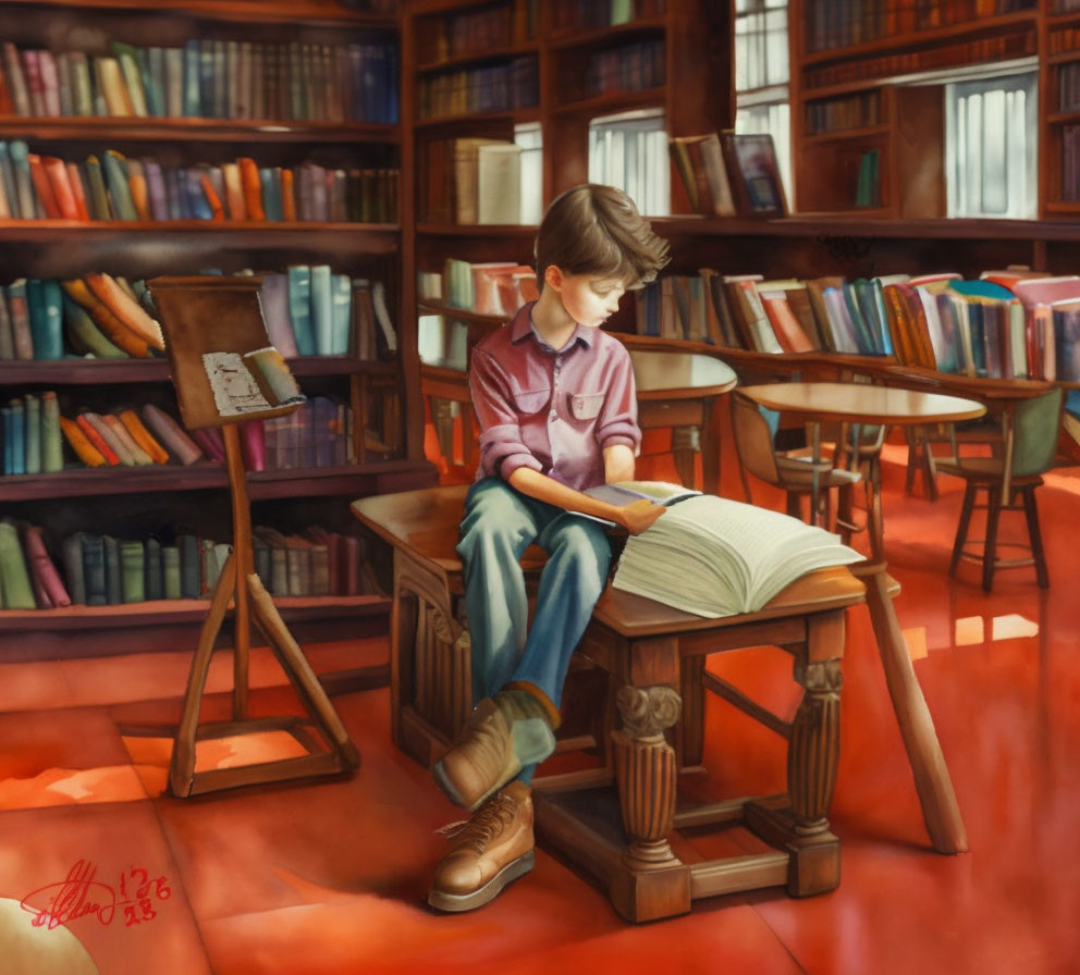 Young person reading large book in cozy library with sunlight.