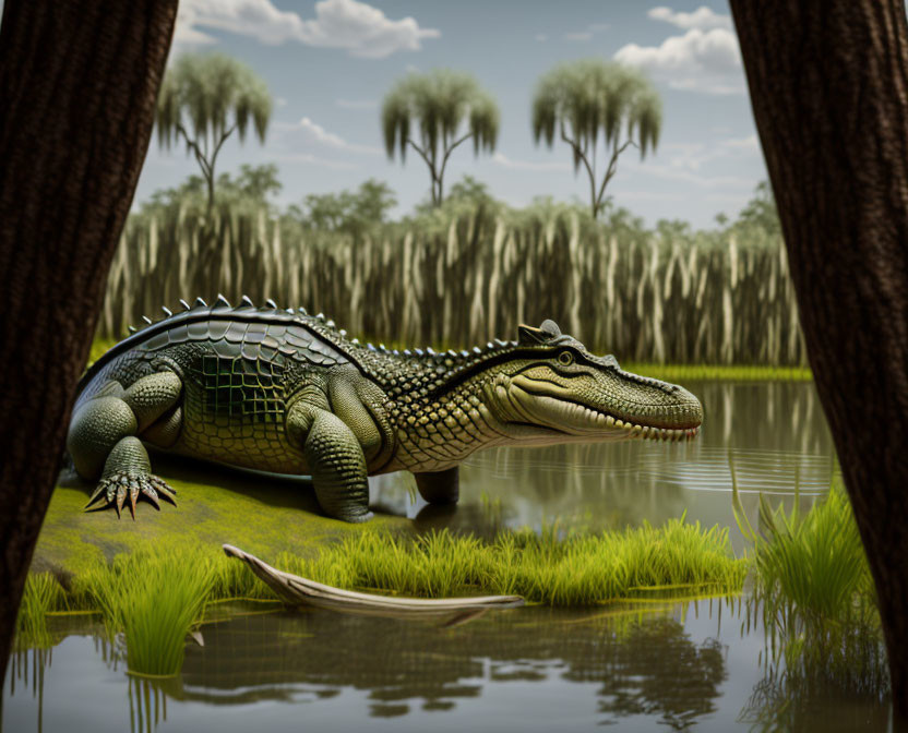 Detailed alligator on grassy riverbank with tall trees and serene waterway.