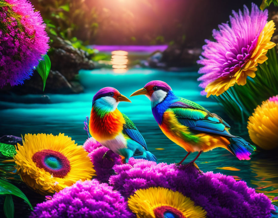 Colorful Birds on Flowers by Tranquil Stream with Greenery and Flowers