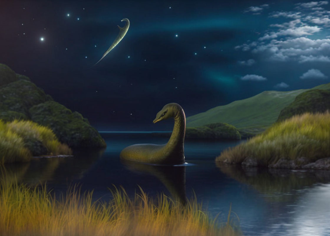 Mysterious Loch Ness Monster in serene night lake