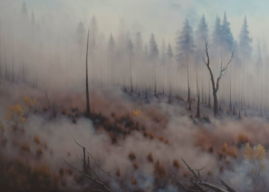 Misty forest landscape with leafless trees and yellow foliage