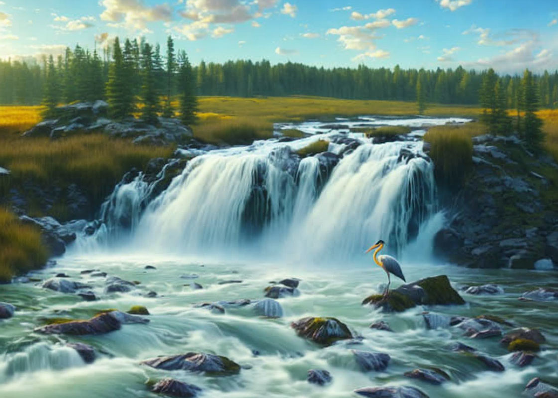 Tranquil waterfall scene with heron in lush landscape