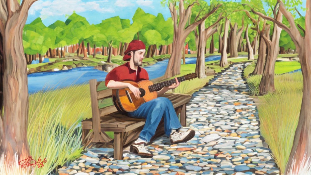 Person playing acoustic guitar on wooden bench in serene park with stone pathway, trees, and stream