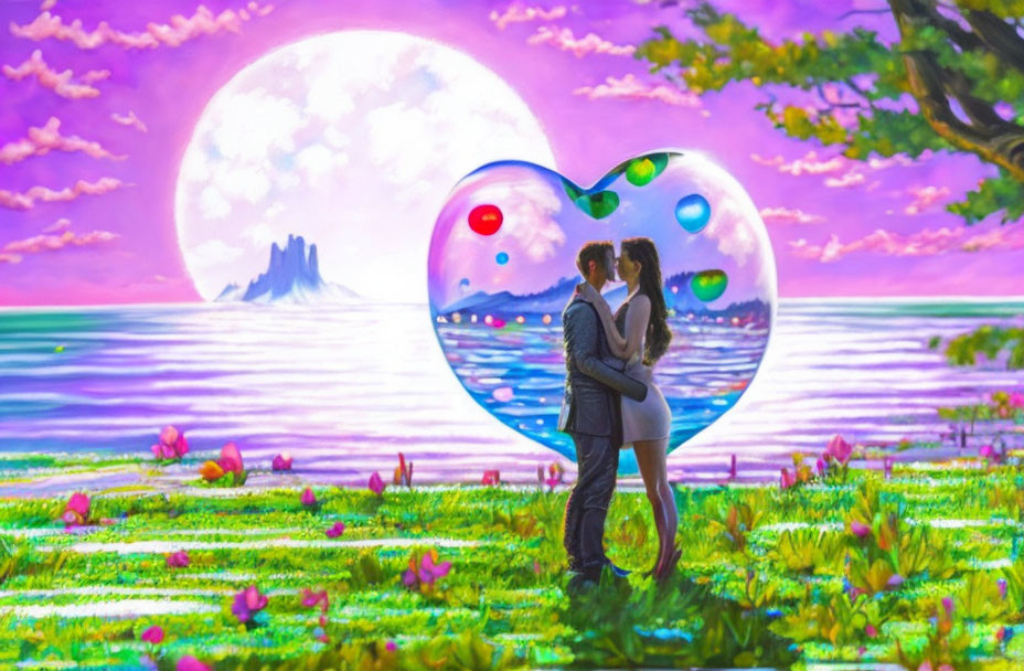 Romantic couple in dreamy landscape with heart-shaped bubble and moons