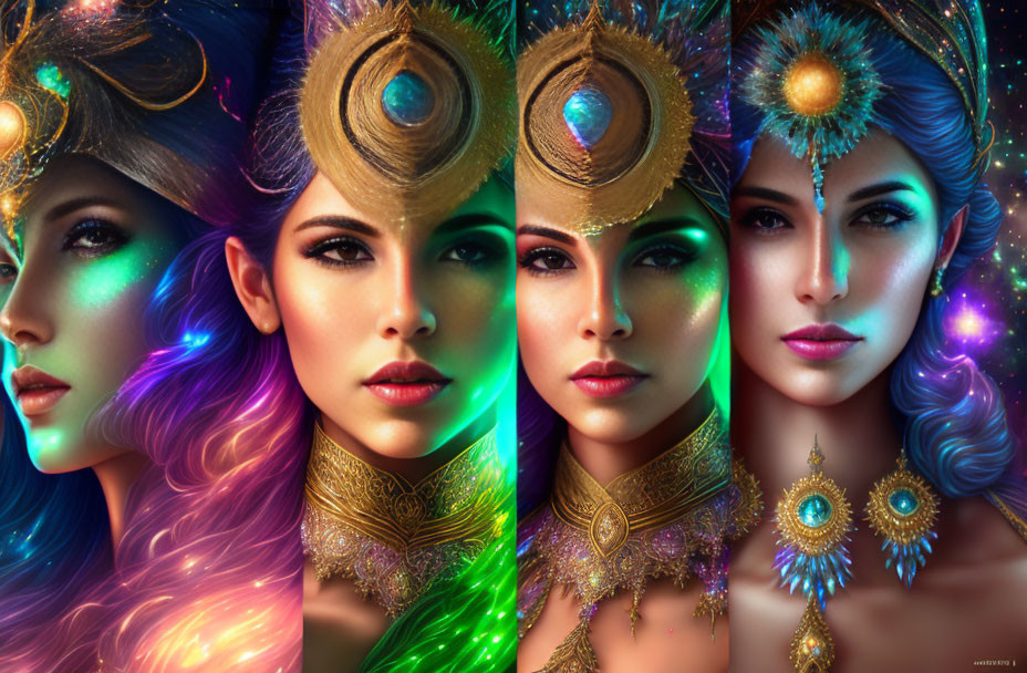 Fantasy makeup portraits with colorful lighting and ornate headpieces