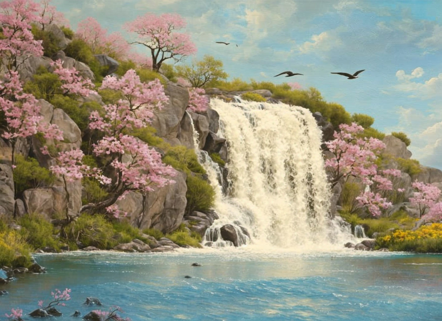 Tranquil waterfall scene with cherry blossoms and birds