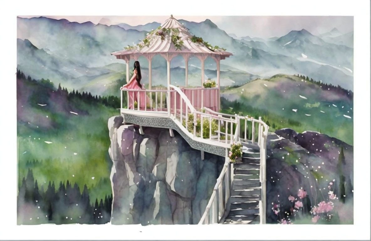 Woman in red dress on gazebo balcony overlooking misty mountains