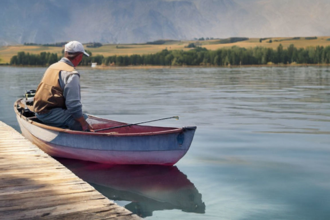 Red Canoe at Wooden Dock on Calm Lake with Mountains