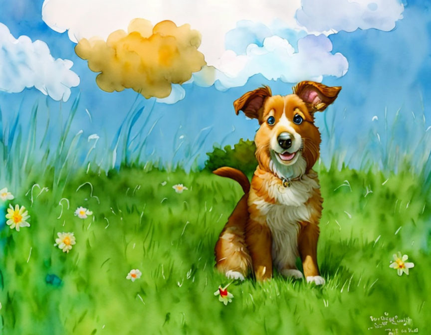 Smiling Cartoon Dog in Green Meadow with Flowers