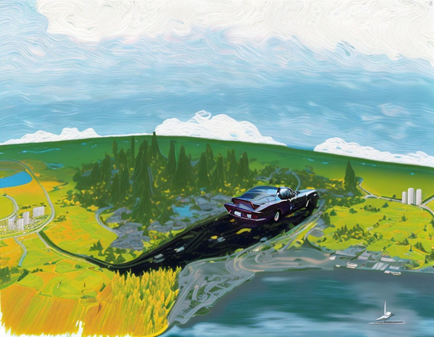 Vibrant landscape with car driving on winding road