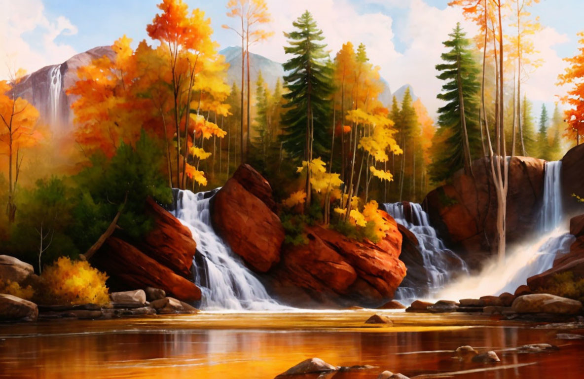 Tranquil waterfall over reddish boulders amid autumn trees