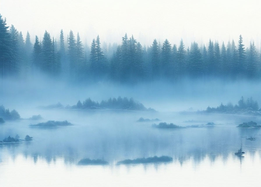 Tranquil misty lake scene with silhouetted pine trees and reflected islands