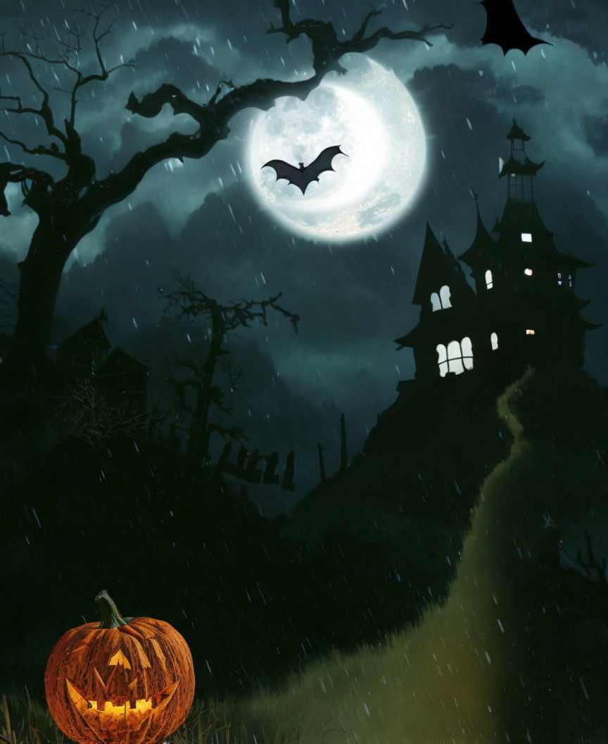 Glowing jack-o'-lantern, bats, full moon, and creepy mansion in Halloween scene