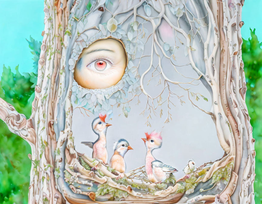 Surreal tree trunk with eye, entwined branches, and colorful birds