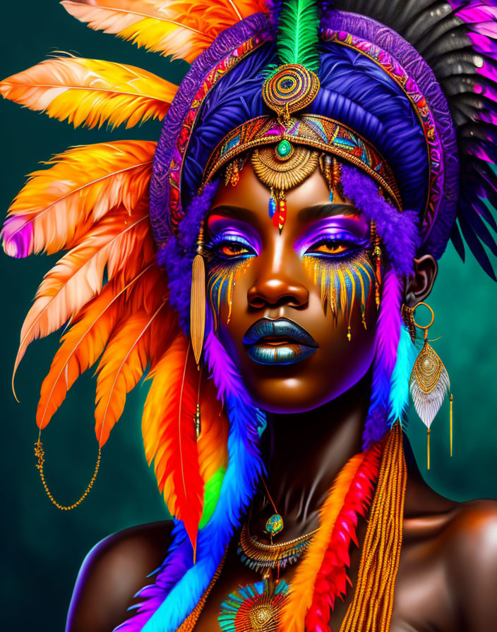 Colorful digital portrait of a woman with purple makeup and ornate feather headdress