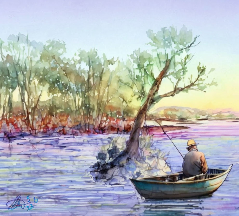 Person fishing in hat on small boat at sunset shore with trees