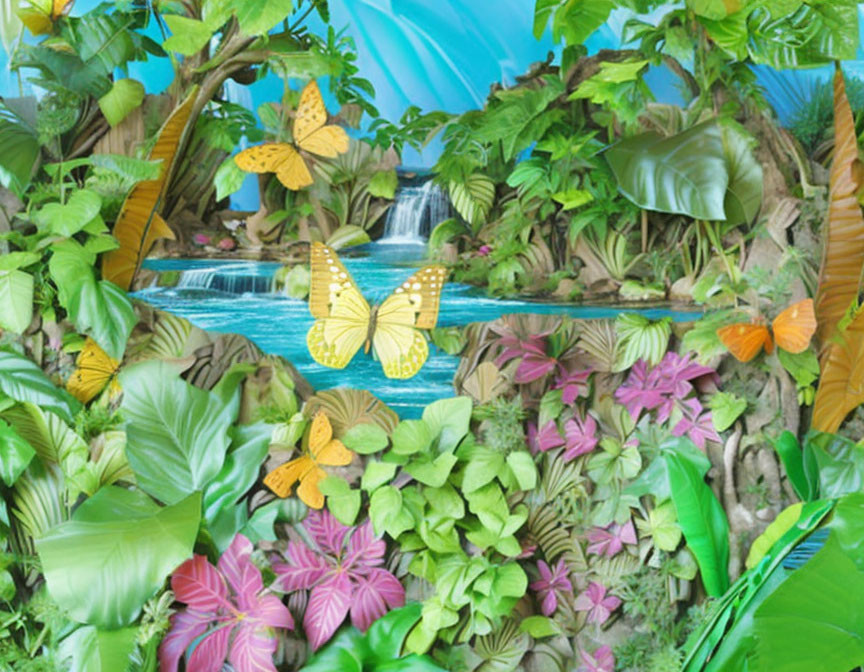 Colorful Tropical Flora Collage with Butterflies and Waterfall Theme